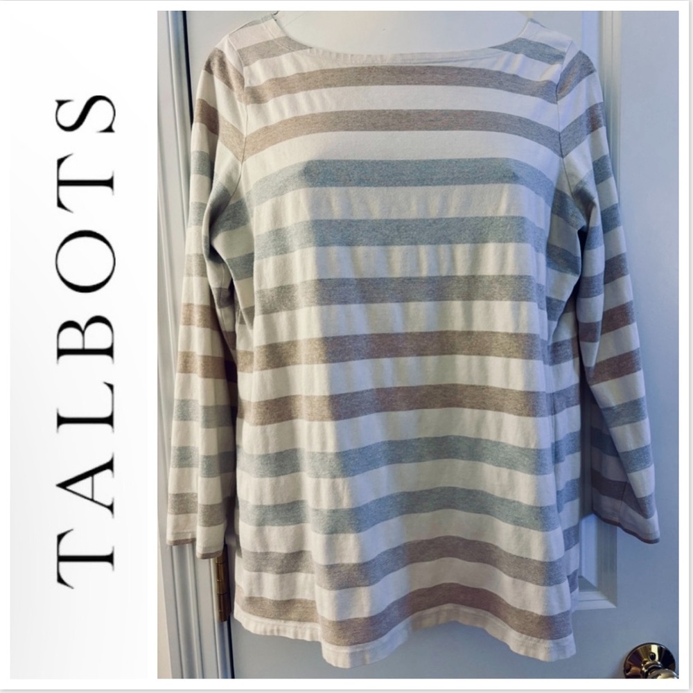 Talbots sz X, Tee Shirt, Cream w/ Rose Gold, Silver & Gold metallic stripes, GUC